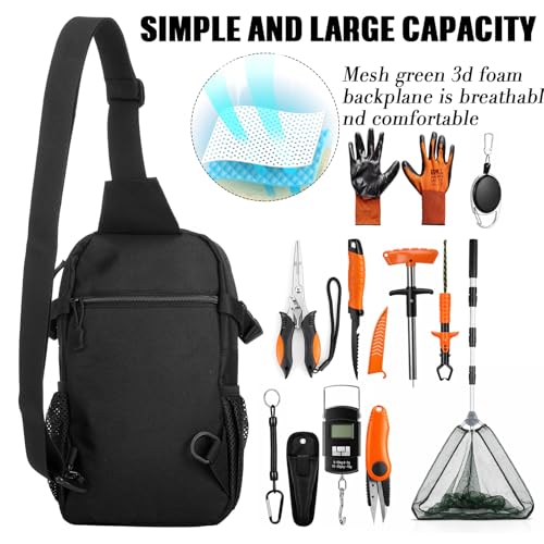 Fishing Gear Tool Kit, Fishing Backpack, Black Tackle Bag with Telescopic Net, Orange Tools Gripper Pliers Knife and Digital Scale, Fish Gifts Men Women