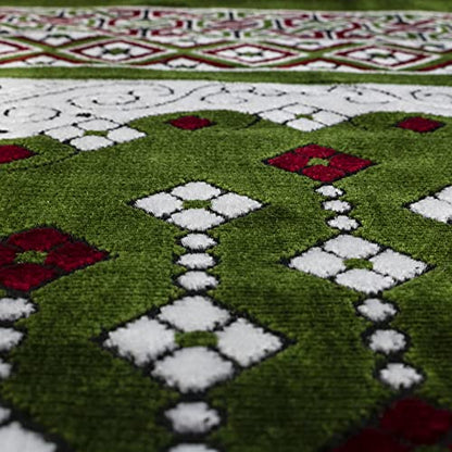 Modefa Turkish Islamic Prayer Rug - Multi Person Janamaz Sajada for Family or Large Gathering & Group Praying Carpet - Wide Plush Velvet Praying Mat (Green Arch - 4 Person)
