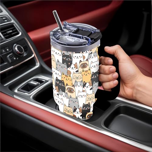 40oz Cats Tumbler Gifts for Women, Cute Cat Water Bottle with Handle & Straw - color: ColorCats-Black