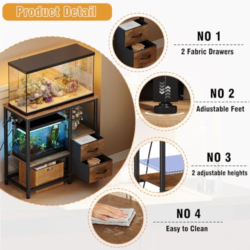 20-29 Gallon Fish Tank Stand with Power Outlet Vintage Metal Aquarium Stand with 2 Fabric Drawers Heavy Duty Reptile Tank Stand with 3-Tier Adjustable Storage Shelves, Left-Right Mounting