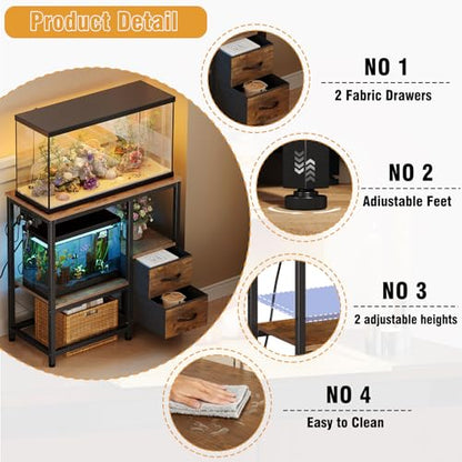 20-29 Gallon Fish Tank Stand with Power Outlet Vintage Metal Aquarium Stand with 2 Fabric Drawers Heavy Duty Reptile Tank Stand with 3-Tier Adjustable Storage Shelves, Left-Right Mounting