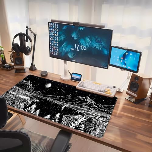 Black and White Desk Mat Dark Nature Forest Mouse pad XXL Starry Night Mountain Desk pad Aesthetic Moon and Stars Mousepad XXL for Laptop Computer Mouse Gaming Keyboard Mat, 31.5 X 15.8 in - color: Night Painting