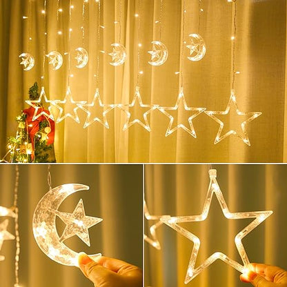 LED Moon Star Curtain String Lights, 138 LED USB Powered Fairy Hanging Lights with 8 Lighting Modes 6-Hour Timer Waterproof for Bedroom Wall Window Christmas Decoration (Star) - style: Star