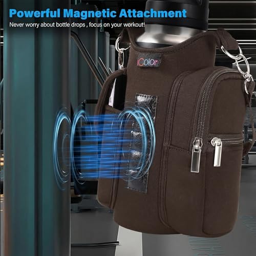 icolor Magnetic Gym Bag Water Bottle Carrier Holder with Phone Pockets & Shoulder Strap,Gym Magnetic Bag 5 Built-in Magnets Gym Accessories Organizer Sling Bottle Bag Pouch Sleeve - color: Brown