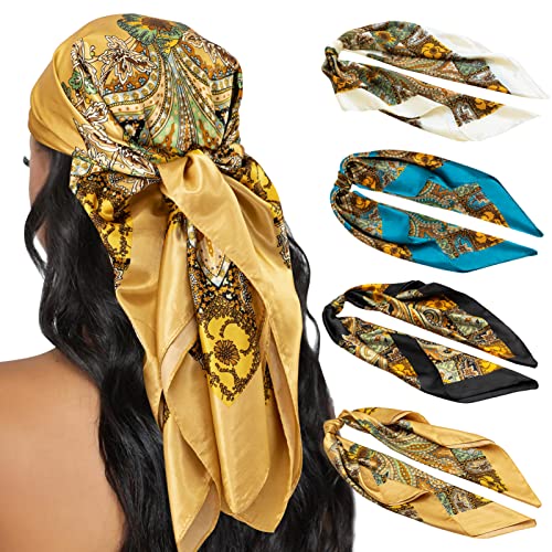 HBselect 4PCS Head Scarf for Women 35” Silk Feel Hair Scarf - color: Black, Camel, Beige, Blue