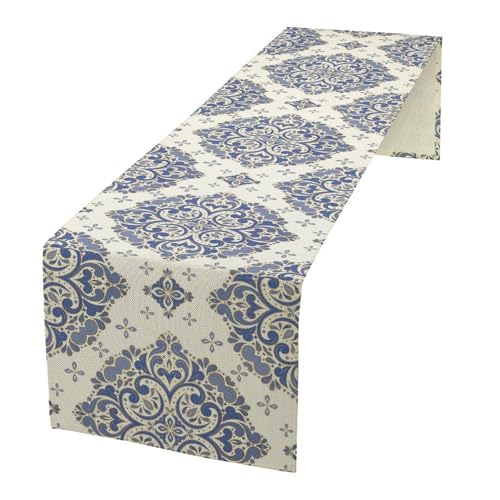 Damask Floral Table Runner, Vintage Blue White Royal Floral Antique Dark Flower Print Table Runner for Kitchen Kitchen Dining Room Holiday 13x36 Inch - color: Damask-2, size: 13x36 Inch