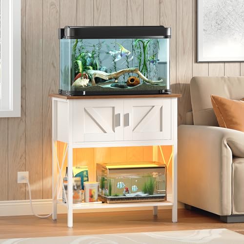 HOOBRO 20 Gallon Fish Tank Stand with Power Outlets and LED Light, Metal Frame Aquarium Stand, Reptile, Turtle Tank Stand with Cabinet Storage, 300 LBS Capacity, White and Walnut WH40UDFT01 - color: White + Walnut