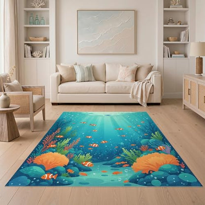 5'x7' Washable Graphic Fish Area Rug, Green Non-Shedding Pet Friendly Carpet for Small Living Room, Playroom, Bedroom, Easy Care Kids Safe Mat | Ref:1910466 - color: Blue/Pattern 40, size: 5' x 7' (Rectangular)