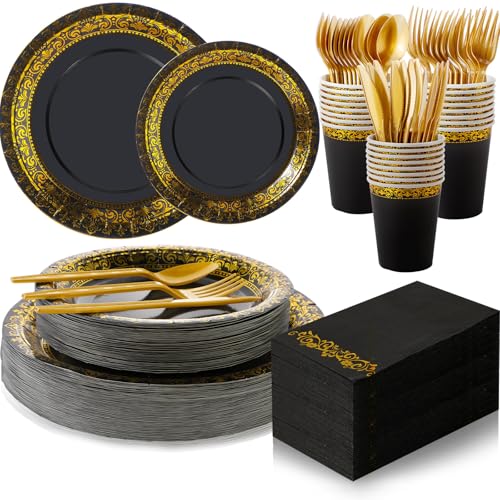 meekoo 350 Pcs Black Party Dinnerware Set Disposable Paper Plates for 50 Guests 9in and 7in Dinner Dessert Plates Napkins Gold Rim Plastic Cups Knives Forks Spoons for Party Wedding(Round Floral) - color: Black, style: Round Floral