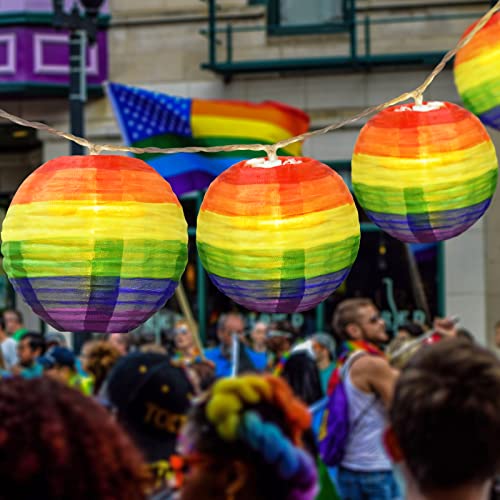 Pride Decorations Rainbow Lantern Pride Lights Gay Pride Nylon Lanterns, 9.4Ft Battery Operated Ball Rainbow Lights 10 Count Lantern String Lights Decor for Pride Month, Room, Yard, Party - color: Rainbow