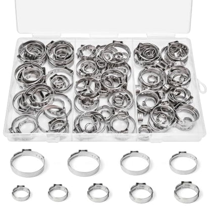 135PCS Sieqioor 9 Sizes Single Ear Hose Clamp Kit, 304 SS 5.3-26mm | 304 Stainless Steel Ear Clamp Kit, Stepless Hose Clamps Cinch Rings for Automotive, Home Appliance Line and Plumbing - size: 135pcs