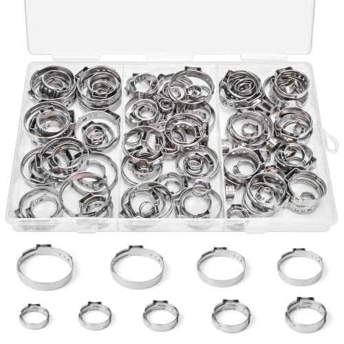 135PCS Sieqioor 9 Sizes Single Ear Hose Clamp Kit, 304 SS 5.3-26mm | 304 Stainless Steel Ear Clamp Kit, Stepless Hose Clamps Cinch Rings for Automotive, Home Appliance Line and Plumbing - size: 135pcs