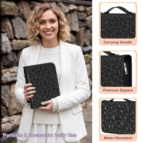 PU Leather Bible Cover with Handle & Pockets, Large Capacity Bible Case, Water-Resistant Scripture Organizer Bag with Bonus Card Holder, Christian Gift for Women & Men, Black Leopard Print - color: Black Leopard Print