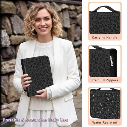 PU Leather Bible Cover with Handle & Pockets, Large Capacity Bible Case, Water-Resistant Scripture Organizer Bag with Bonus Card Holder, Christian Gift for Women & Men, Black Leopard Print - color: Black Leopard Print