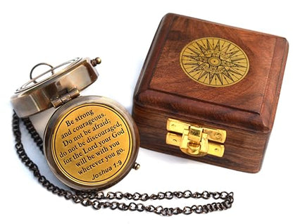 Be Strong and Courageous (Joshua 1:9) Brass Compass with wooden Box-Engraved Scripture Prayer Compass Religious Gift for Men & Women - Baptism, Confirmation, Communion Compass for Boys Graduation Gift - style: #2 Be Strong and Courageous Compass (Joshua 1
