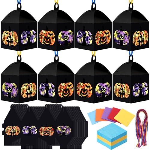 Maitys 16 Sets Halloween Scene Craft Kit for Adults, Spooky Pumpkin Craft Kits Paper Lantern Halloween Suncatcher with Tissue Paper, DIY Hanging Ornaments School Party Decorations - style: Spooky Scenes