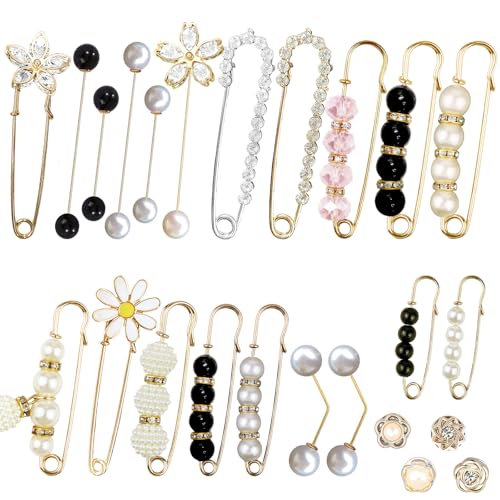 24 Pieces Pearl Crystal Brooch Safety Pins Button Pins Pant Waist Tightener Pins for Clothes Sweater Shawl Collar Dress Cardigan Shirt Jeans Decoration Accessories for Women Girls - color: Chic