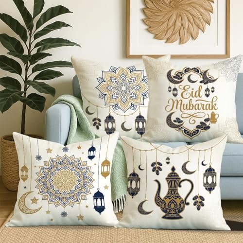 Lantern Throw Pillow Covers Set of 4, Islamic Festive Crescent Star Eid Gold with Hidden Zipper Accents Pillows Cases for Home Living Room Bedroom Dorm Couch Decor 24x24 Inch - size: 24" x 24" (Pack of 4)