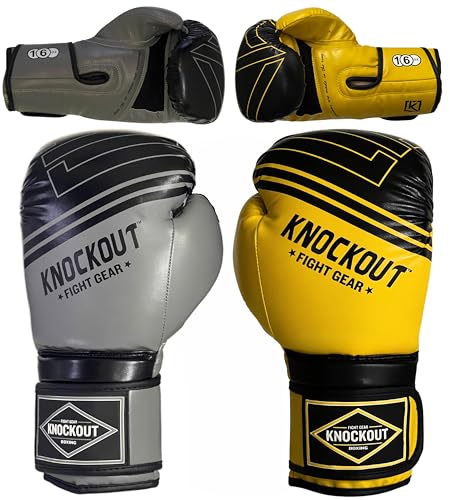 Boxing Gloves & Muay Thai Shin Guards for Men and Women, MMA Kickboxing Shin Pads Set, Adjustable Shin Guards with Instep Protection, Sparring & Martial Arts Training Gear - color: Gray-Yellow, size: 16 oz