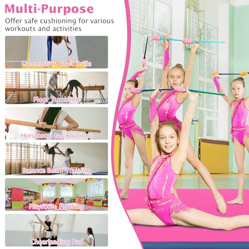Giantex 4" Thick Folding Gymnastics Mat, 4' x 4' Bio-Folding Exercise Mat with Carry Handles & PU Leather Cover, Gym Home Tumbling Mat for Kids, Yoga, Fitness, Pilates & Martial Arts - color: Pink