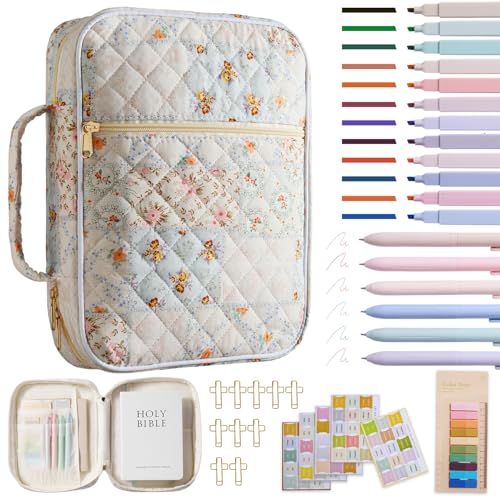 Bible Cover Case for Women Girls,Quilted Bible Tote Bag Study Supplies - color: Spliced Flower with Bible Study Supplies
