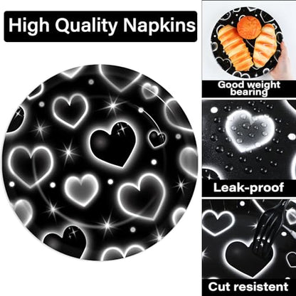 Qyeahkj 100 Pcs 2000s Party Plates Napkins Forks Set Black Heart Tableware Supplies Y2k Theme Birthday Party Decoration Early 2000s Dinnerware Decorations Favors for Birthday Party Serve 25 - style: 2000s black heart