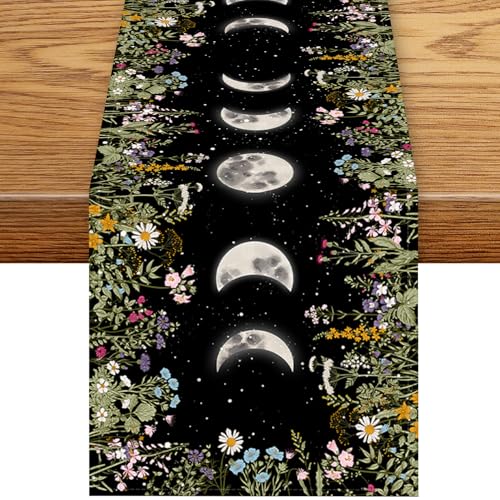 Boho Floral Table Runner, Spring Wild Floral Moon Phase Botanical Seasonal Gothic Witch Mystical Black Coffee Table Center Decor for Family Kitchen Outdoor Holiday Party Table Decorations, 13"x36" - color: Moon Flower-1, size: 13“ X 36"