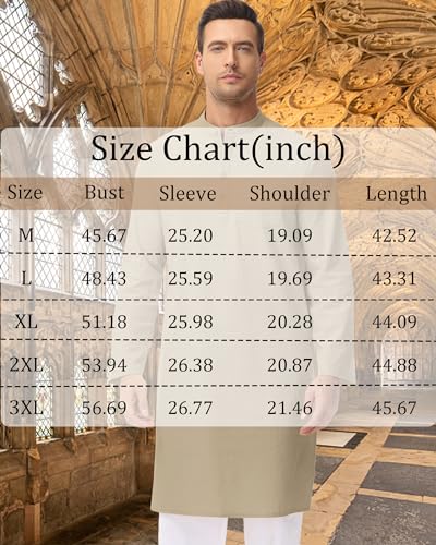 LVCBL Men's Kaftan Robe Long Sleeve Linen Thob Side Split Button Down Thobe Long Tunic Shirts - color: Khaki