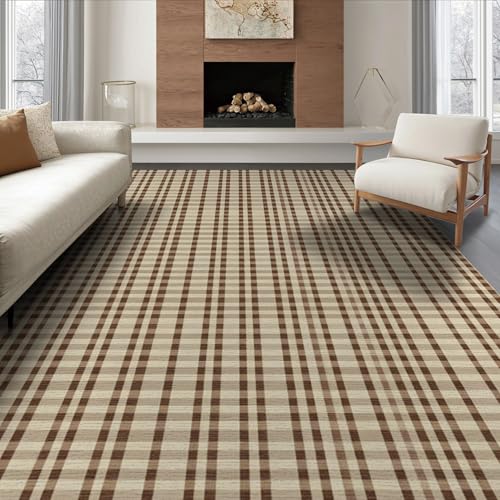 6'x9' Washable Flatwoven Rug, Brown Rustic Plaid Stain Resistant Large Carpet for Dining Room, Under Table, Office, Non-Slip Chair-Friendly Floor Mat | Ref:1910432 - color: Beige/Pattern 33, size: 6' x 9' (Rectangular)