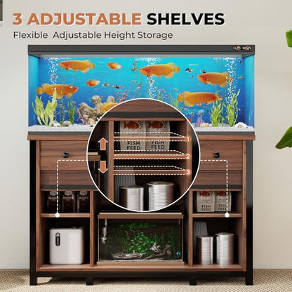 Farmhouse Fish Tank Stand w/Power Outlet – Heavy Duty Aquarium Cabinet, 800 lb Capacity, Adjustable Storage, Thickened MDF & Steel Frame, Sliding Barn Doors, (Light Brown, 75-120 Gallon)