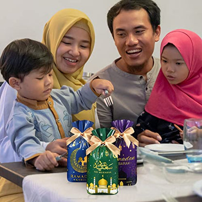 Funrous 40 Pcs Eid Mubarak Gift Bags Plastic Treat Bags Ramadan Theme Clear Printed Drawstring Bags Eid Candy Goodie Bags Castle Moon Star Snack Wrap Bags for Party Decorations Favors, 4 Designs