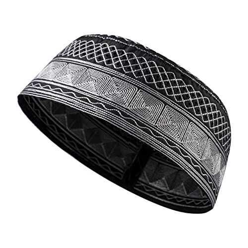Muslim Prayer Kufi Hat for Men Boys Islamic Beanie Skull Cap Prayer Headwear Embroidery Kofia Topi Sun Hat Ramadan Eid Gift - color: Dark Grey, Chain Embroidery