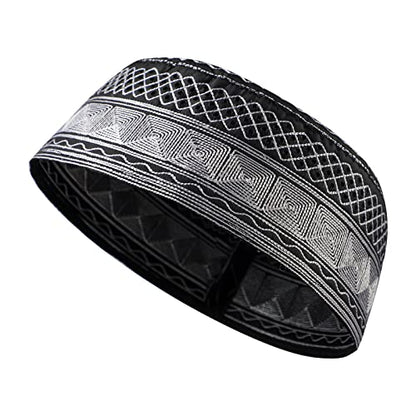Muslim Prayer Kufi Hat for Men Boys Islamic Beanie Skull Cap Prayer Headwear Embroidery Kofia Topi Sun Hat Ramadan Eid Gift - color: Dark Grey, Chain Embroidery