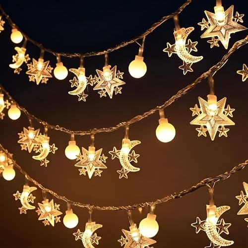 Led Fairy Lights, LED String Lights Adorned with Ramadan Stars, Moons for Bedroom, Christmas, Parties, Wedding, Centerpiece, Decoration (3m/9.8ft Warm White)