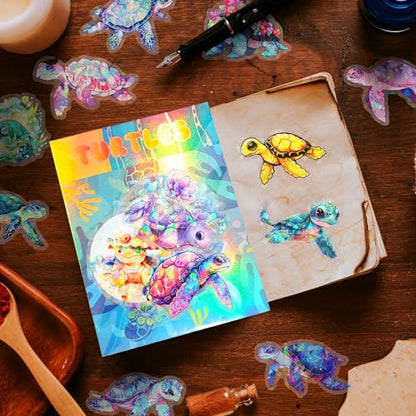 Yoksas Cute Holographic Sea Turtle Stickers - 50Pcs Waterproof Clear Kawaii Shiny Ocean Life Stickers for Scrapbook,Water Bottles,Laptops,Birthday Party Supplies - color: Sea Turtle