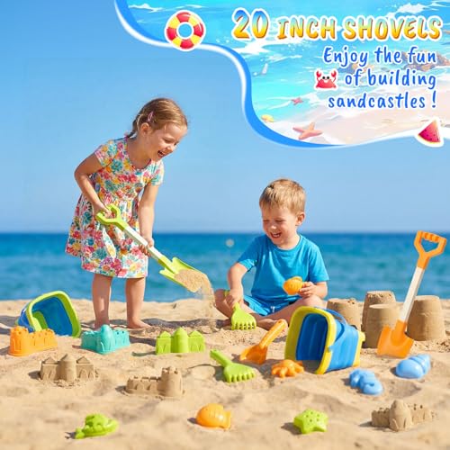 Beach Toys for Kids,Travel Sand Toys Beach Essentials for Kids Age 3-10 | Sand Castle Building Kit with 2 Collapsible Bucket,2 Long Beach Shovels,Sand Molds,Mesh Bag Sandbox Toys for Boys Girls