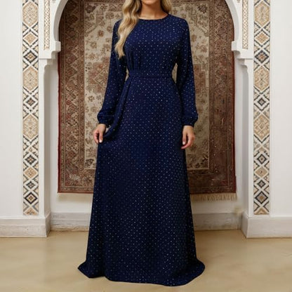 Muslim Dresses for Women Maxi Dress with Belt Long Sleeve Crew Neck Dress Long Casual Church Dress Prayer Clothes - color: Navy, size: XX-Large