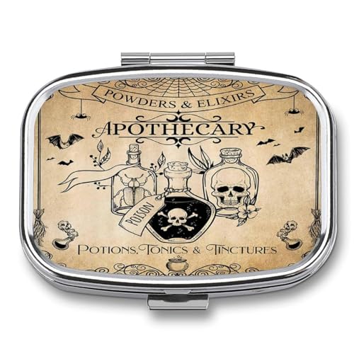 Metal 2 Compartment Pill Organizer Travel Friendly Portable Compact Pill Box Cute Pill Case to Hold Vitamins,Fish Oil,Supplements,Meds,Tablet for Purse,Pocket. (Bottles and Skeletons) - color: Bottles and Skeletons