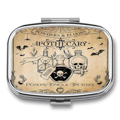 Metal 2 Compartment Pill Organizer Travel Friendly Portable Compact Pill Box Cute Pill Case to Hold Vitamins,Fish Oil,Supplements,Meds,Tablet for Purse,Pocket. (Bottles and Skeletons) - color: Bottles and Skeletons
