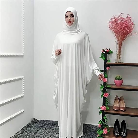 Women's Solid Muslim One-Piece Prayer Dress Abaya Kaftan with Hijab Full Length Dress - color: White