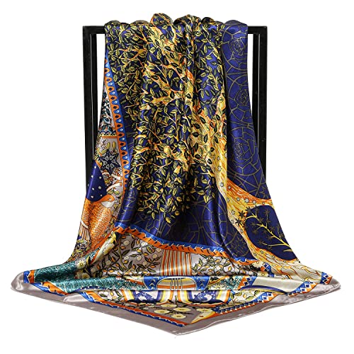 RIIQIICHY Head Scarf for Women Like Silk Satin Scarf for Hair Wrapping at Night Bandana Square Scarf for Sleeping 35 Inch - color: Black/Yellow/White