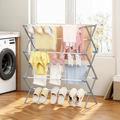 KINGBOARD Clothes Drying Rack, Collapsible Drying Rack Clothing with 11 Poles, 3-Tier Laundry Drying Rack, Small Clothes Drying Rack Foldable for Baby Clothes, 25lb Capacity, White & Grey - color: White&grey
