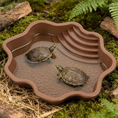 Pawfly Reptile Bathing Pool with Ramp, Reptile Food Dish Feeding Dish, Tortoise Water Dish Water Bowl with Steps, Turtle Bathing Pool Bath Tub Soaking Dish for Gecko Snake Bearded Dragon Lizard