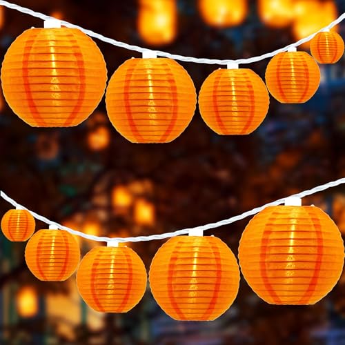 HOSY 10-Pack Orange 3-in Lanterns, 11 ft White Wire Plug-in UL String Light | Self-assembly Required, Nylon Fabric, 3-in Diameter, 12-in Spacing, End-to-end Connectable, UL Certified - color: Orange