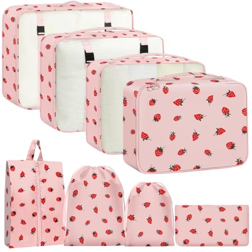 Packing Cubes for Travel - 8 Set Luggage Organizer Bags for Family, Mesh Breathable Packing Cubes for Suitcases Durable Travel Essentials Bags Set (Pink Strawberry) - color: Pink Strawberry