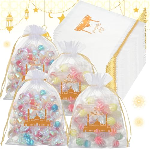 Locmeo 72 Pcs Ramadan Eid Mubarak Organza Drawstring Bags for Candy Goodie Snack 5 x 7 Cellophane Treat Bags Jewelry Muslin Favor Bag for Chocolate Ramadan Eid Mubarak Party Supplies(Gold) - color: Gold