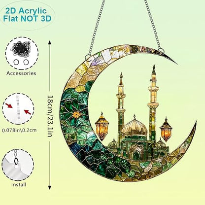 Crescent Moon Mosque Lantern Acrylic Suncatcher with Hanging Chain, Islamic Style Window Decor for Home, Patio, Garden,Ideal Present for Ramadan, Eid, Housewarming/YX-43