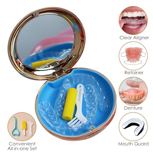 Retainer Case with Mirror, Cute Retainer Holder Case, Slim Aligner Case with Removal Tool, Magnetic Closure, Convenient Orthodontic Case for Invisalign/Night Guard/Mouth Guard - color: Gold