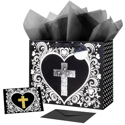 JWSCYSY 12.6" Large Black Gift Bag with Metallic Gold Floral Cross Design, Card and Tissue Paper for Baby Boy, Girl Baptisms, Christenings, First Communions Religious - color: Black 12.6"
