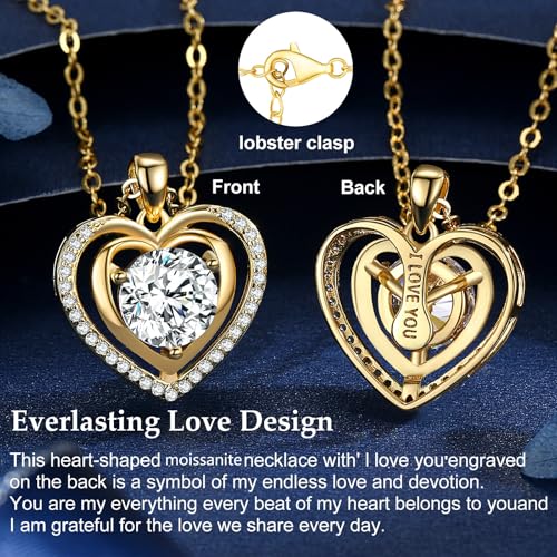 Heart Pendant Gold Necklace for Women Moissanite Lab-Created Gem I Love You Wedding Anniversary Birthday Christmas Valentine Engagements Mothers Day Jewelry for Wife Her Girlfriend Mom Daughter - color: Gold-1CT
